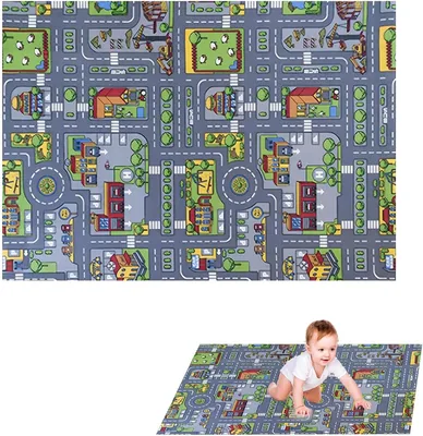 Car Mat for Children, 80x120cm Road Design Play Mat, Non-Slip Gym Rug