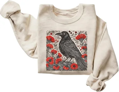 Raven Sweatshirt Vintage Poppy Floral Graphic Pullover Best Deal