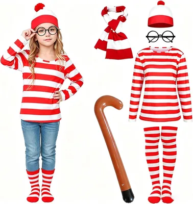 Wally Costume Set Red White Striped Fancy Dress Outfit Best Deal