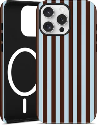 Magnetisk stripa kase för iPhone 15 Pro, Blå Brun | Sommarmotivat Telefonkase med MagSaf