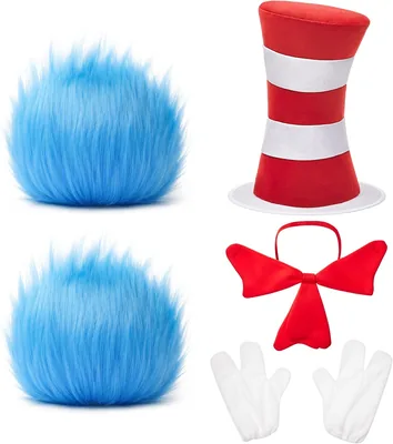 Red White Striped Costume Set - Fluffy Wigs, Top Hat, Bow Tie & Gloves
