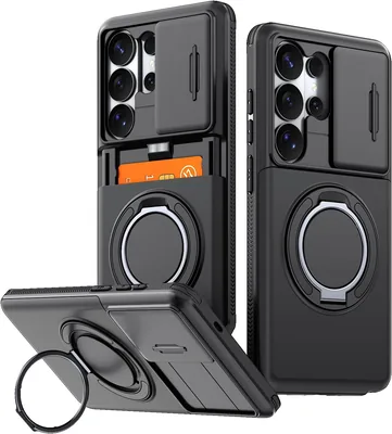 YANJIEER Case för Samsung Galaxy S25 Ultra, Shockproof Militärstil Case med Kartföljare, 360° Ring Holder Stand, Sliding Came - Best Price