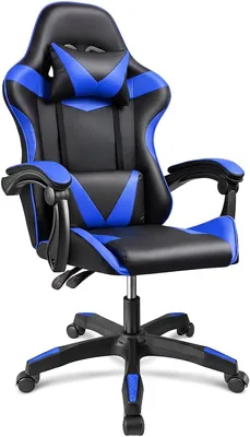 DueHome | Silla de Juego Ergonómica con Reclinación, Cojines Lumbar y Cervical, Ruedas 360°, Modelo Viper, Color Negro y Azul, 13% Descuento