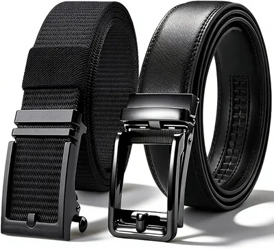 ZGMSDSCZ Cinturones para Hombre, 1 Cinturón de Piel Negro + 1 Cinturón de Trinquete de Nailon Casual, Cinto Hombre, Regalo Dí, Best Deal