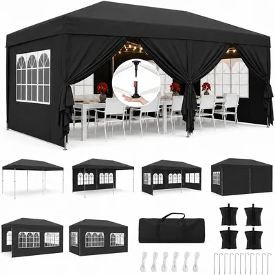 Faltbarer Gartenpavillon 3 x 6 m Wasserdicht UV50+ Sonnenschutz Schwarz | Faltpavillon für Party, Markt und Garten