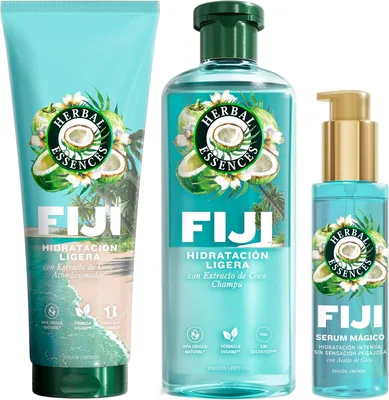 Herbal Essences Fiji Shampoo 350 ml + Condicionador 250 ml + Suero Leave-In 95 ml - Hidratación Ligera con Coco - 33% de Descuento