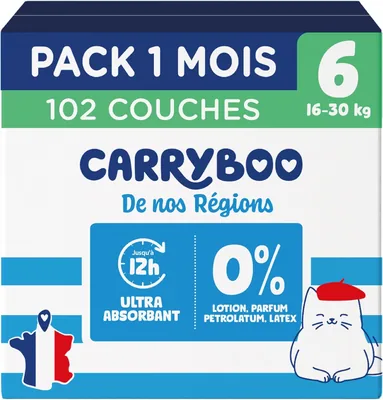 CARRYBOO - Poussettes Taille 6 (16-30kg) - Écologiques et Ultra Absorbantes - Sans fuites pendant 12h - Sans substances indésirables - Fabrication de qualité