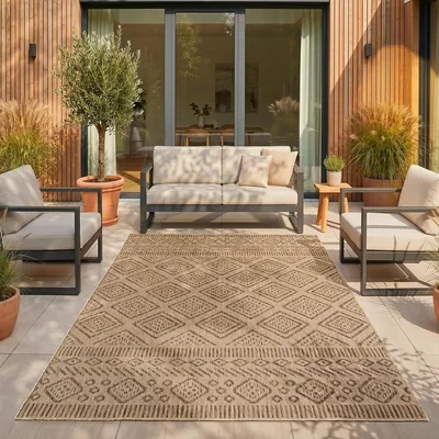 SIMPEX Outdoor Teppich Beige Jute-Optik 140 x 200 cm Balkon Terrasse Garten Witterungsbeständig UV-Resistent Mittelgroßes Diamantmuster Fl