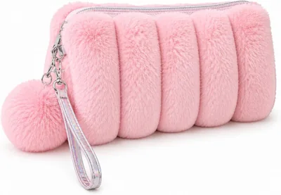 Estojo Necessaire Feminino Pelúcia Pompom Alça Escola Viagem (Rosa) - Melhor Preço