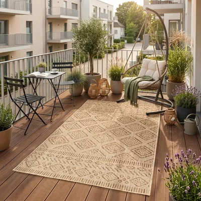 SIMPEX Outdoor Teppich Beige Jute-Optik 80 x 150 cm Balkon Garten Witterungsbeständig UV-Resistent Mitteles Diamantmuster Flachgewebt