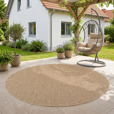 SIMPEX Outdoor Teppich Beige Rund 80 cm Balkon Terrasse Witterungsbeständig UV-Abweisend Klein Einfarbig Flacher Webstil Pflegeleicht Robust