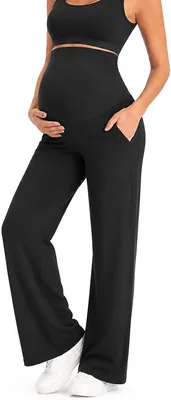 Pantalones de Maternidad para Mujer - Estilo Recto y Ancho con Cintura Alta Elástica y Bolsillos