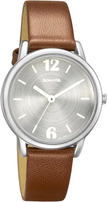 Sonata Excl Fkt Plain 3 Hands Silver Round Dial Tan A1 Leather Strap Women's Watch - NS8172SL02