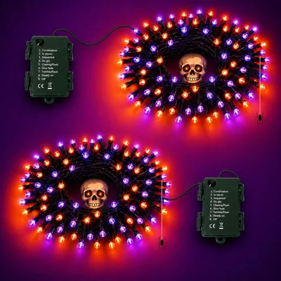 Lumières de Halloween Orange et Violet, 2 Packs de 10M avec 100 LED, Alimenté par Batterie, 8 Modes, 6H Timer, Étanche IP65