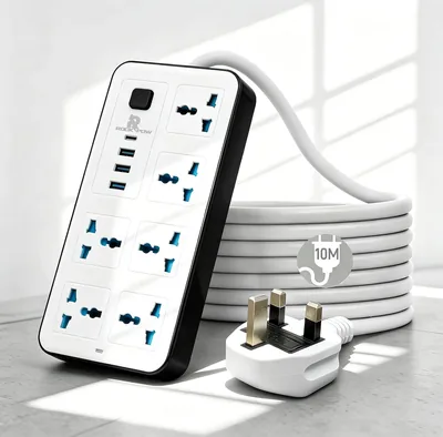 صندوق طاقة روك باو 10 متر مع كابل توسعة، 10 منافذ طاقة 6 مآخذ و3 فتحات USB ومنفذ Type-C PD
