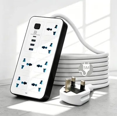 صفيحة طاقة روك باو 5 متر مع كابل توسعة، 10 في 1 منفذ طاقة 6 مخارج، 3 فتحات USB و منفذ Type-C PD، أفضل سعر