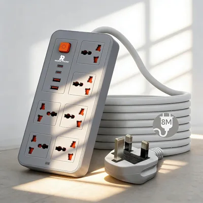 صندوق طاقة روك باور 8 أمتار مع كابل تمديد، 10 في 1 منافذ الطاقة 6 مخارج، 2 منفذ USB و 2 منفذ Type-C PD، W