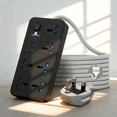 صندوق طاقة روك باور 5 متر مع سلك تمديد، 10 في 1 منافذ الطاقة 6 مخارج، 3 فتحات USB و 1 منفذ Type-C PD، أفضل صفقة
