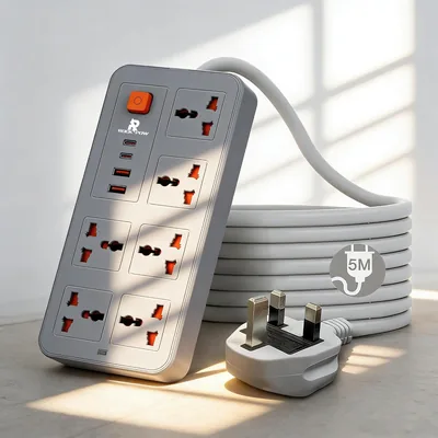 صندوق طاقة روك باور 5 متر مع سلك تمديد، 10 في 1 منفذ طاقة 6 مخارج، 2 منفذ USB و 2 منفذ Type-C، جداري