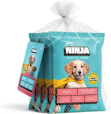 गोद्रेज निन्जा पुपी ड्राई डॉग फूड, 400g (4 x 100g पैक), चिकन & दूध फॉर्मूला के साथ प्री-प्रोबायोटिक्स, पॉलीफेनॉल्स और 37 आवश्यक