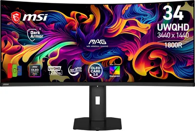 شاشة MSI MAG 341CQP OLED 34 بوصة بدقة UWQHD، 3440x1440، 1800R، أشرطة RGB، فيلم DarkArmor، إضاءة متساوية، 280 هرتز