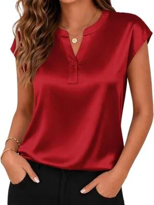 Zeagoo Satin Blouse Women V Neck Shirts - S-2XL