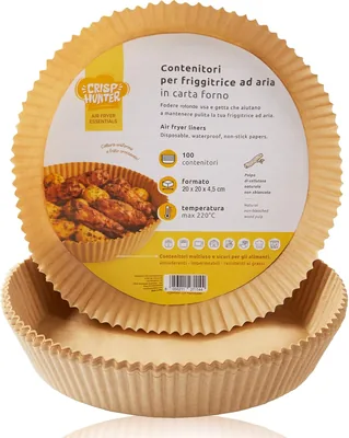 CrispHunter Carta da Forno per Aria, 100 Confezioni - Contenitori Rotondi 20x20x4,5 cm, Antiaderente, Carta PArchimentata Dispositiva