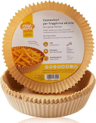 CrispHunter Carta da Forno per Air Fryer, confezione da 100 - Contenitori Rotondi 16 x 16 x 4,5 cm, Antiaderente, Carta Pargelina Dispositiva