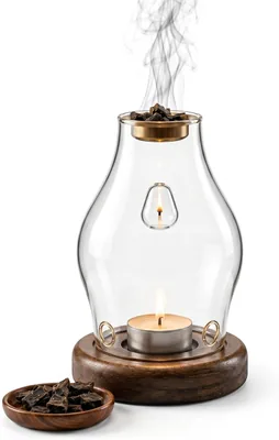 Luxury Glass Bakhoor Burner - Heat Resistant with Walnut Wood Base, Candle Powered Oud & Bakhoor Warmer