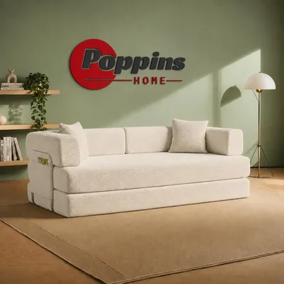 Kokkins Furniture Convertible Sofa Bed Corduroy Upholstery 3-Seater Modern Style with Throw Pillows Beige 200 cm Deal