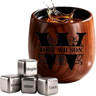 Custom Wooden Whiskey Glass - Personalized Initial Name Old Fashioned Stemless Best Deal