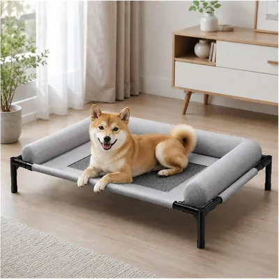 ザンガウグ 高床型 ペットコット、犬ベッド、夏用、メッシュ、L字型クッション、脚付き、通気性良好、室内・屋外両用