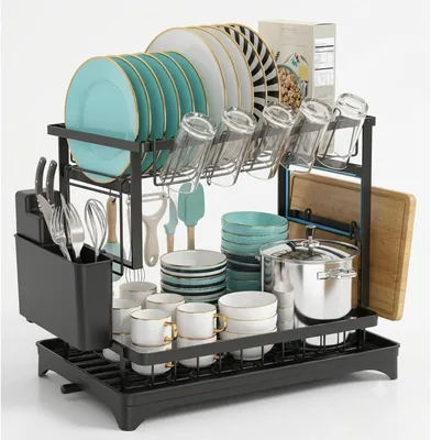 2 Tier Dish Drying Rack, Stainless Steel Dish Drainer - Large Capacity