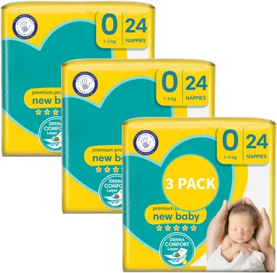 Premium Protection Newborn Nappies 0 - 3 Packs of 24 (72 New Born)