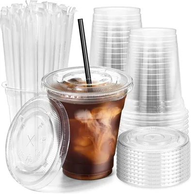Last Made 8 oz Disposable Plastic Iced Coffee Cups with Lids & Straws - Clear (100 Pcs)