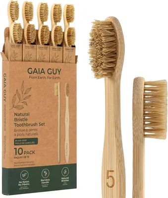 Gaia Guy Boar Bristle Bamboo Toothbrushes - 10 Pack Best Deal