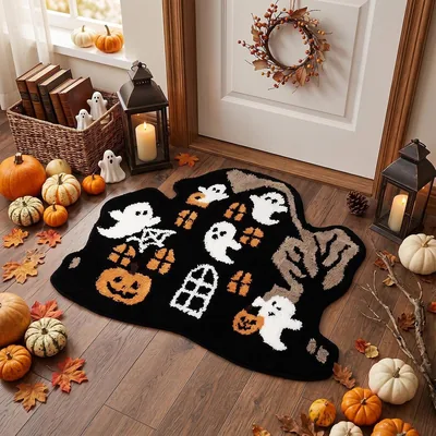 Haunted House Shaped Mat Black Non Slip Microfiber Plush Gothic Rug