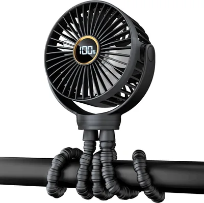 Ventilador para Cochecito TUNISE, Recargable con Clip, Motor Silencioso sin Escobillas, Pantalla LED, 3 Velocidades, Rotación de 360°, Trípode Desmontable