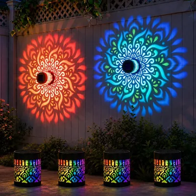 Apliques Solares de Pared, Set de 4 Luces Solares Mandala de Exterior | Proyección 7 Colores, Luces Decorativas de Metal Impe