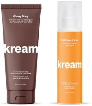 Pack KREAM Dorado - Acelerador Glowy Mary Tan con Efecto Glow + Aceite California Surfer SPF30 | Paquete Solar de Bronceado, Hidratación