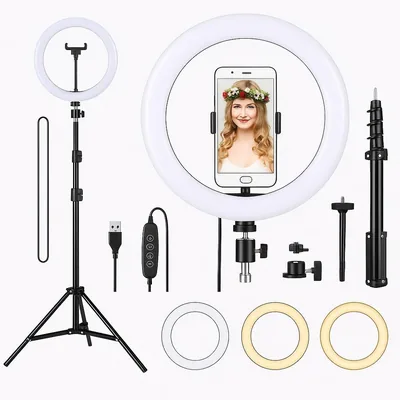 Anel de Luz LED 10'' Profissional com Tripé - 3 Cores (Branca Quente, Neutra) para Maquiagem com Bluetooth