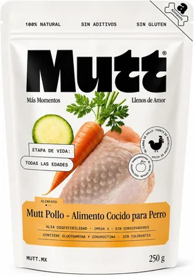Mutt sobre Alimento Cocido Sabor Pollo para Perros 250 Gr | Sin Conservantes, Colorantes, Omega 3 y Glucosamina