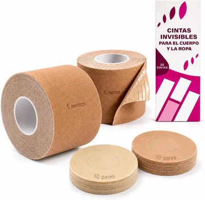 Pegamento Boob Tape, 10 m en 2 Rodillos, con 20 Pares de Pezones y 20 Listas de Moda | Beige, 2 pulgadas Ancho, Invisible, Cómodo, B