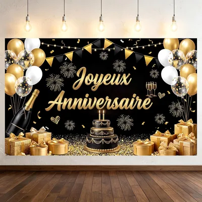 Bannière d'anniversaire Happy Birthday Black Gold 110 x 180 cm avec corde de 10 m | Style adulte, polyester léger lavable