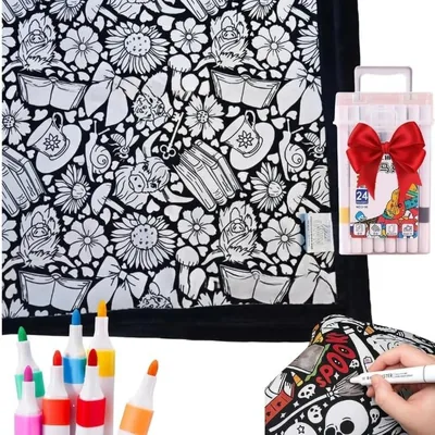 DIY Coloring Blanket for Adults - 24 Markers, Washable Cozy Velvet Kit