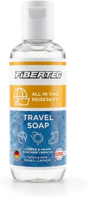 FIBERTEC Reiseseife 100 ml - All-in-1 Reise-Flüssigseife, Körperpflege, Waschmittel & Spülmittel in einer Universal-Lösung
