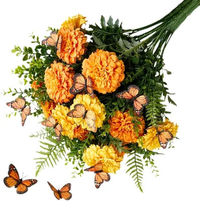 Flor de Cempasuchil con Mariposas Decorativas y Hojas de Helecho