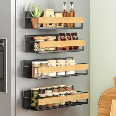 Magnetic Bamboo Spice Rack Set, 4 Pack (2 Large + 2 Small)