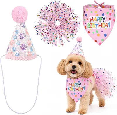 PEOVLVN Dog Birthday Bandana Hat Dress Outfit Pink Best Deal