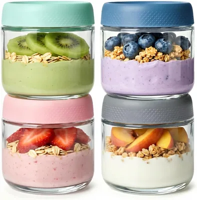 Botes Herméticos para Cocina, 4 pcs de 350ml, Tarros de Cristal de 12oz, Tarros Mason, Jarra Reutilizable para Overnight Oats